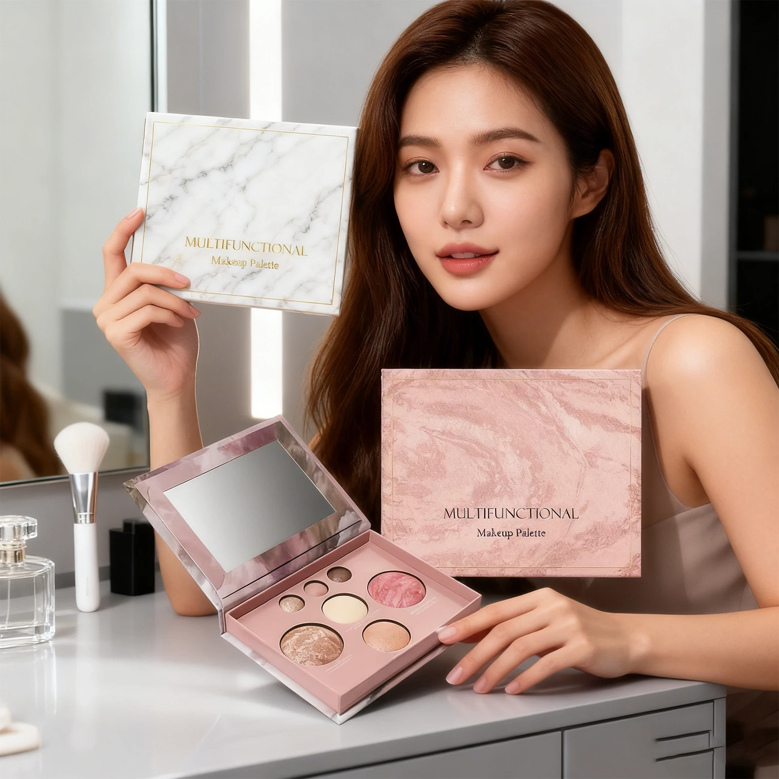 

Multifunctional Makeup Palette Glitter Eye Shadow Shimmer Pallet Highlighter Powder Brush Beauty Kit 9 Color for Travel Friendly