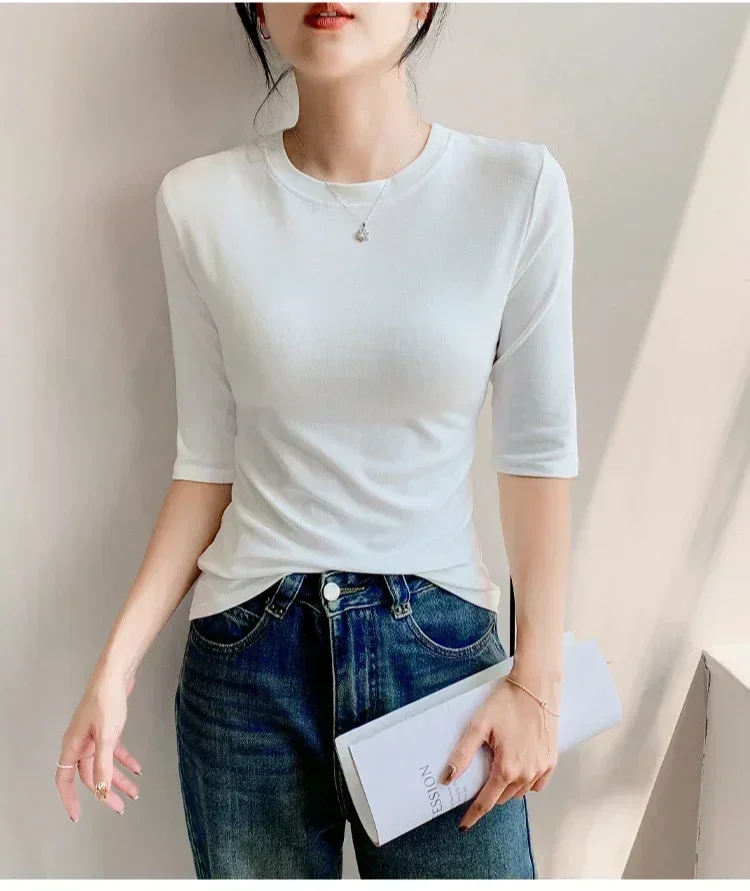 2026 Basic Einfarbiges Kurzarm-T-Shirt mit Rundhalsausschnitt, Eng Anliegend, Sommerliches Casual-Oberteil für Damen, Y2K Vintage Top, Harajuku Streetwear – Detail 3