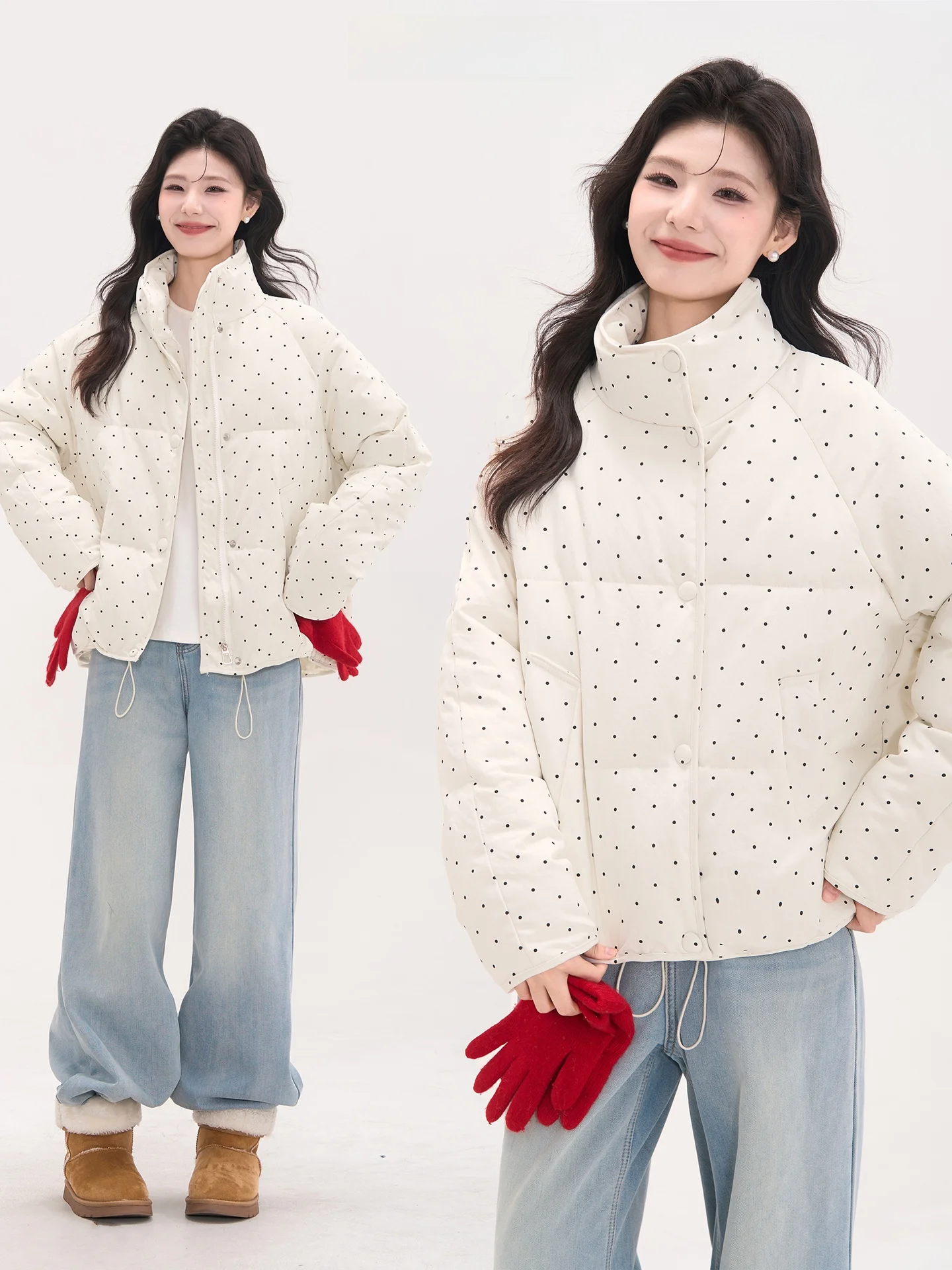 

Женская теплая хлопковая куртка в корейском стиле с принтом в горошек и сердечки, с воротником-стойкой, на молнии, свободного кроя