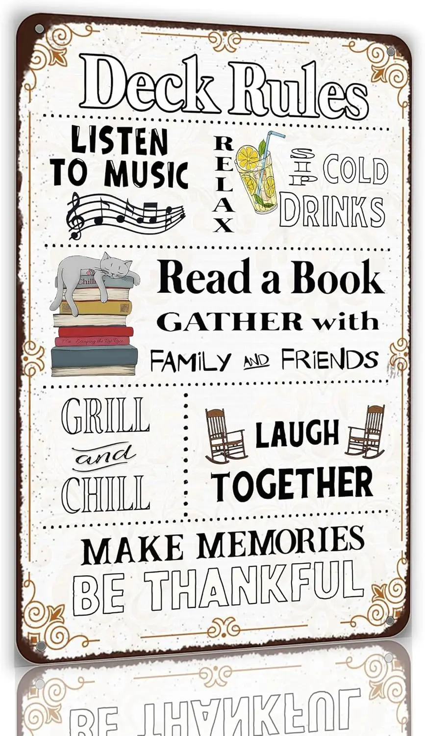 Vintage Deck Rules Metal Tin Sign Wall Plaque Listen to Music Relax Decor for Home Farmhouse Garden Yard Porch Part