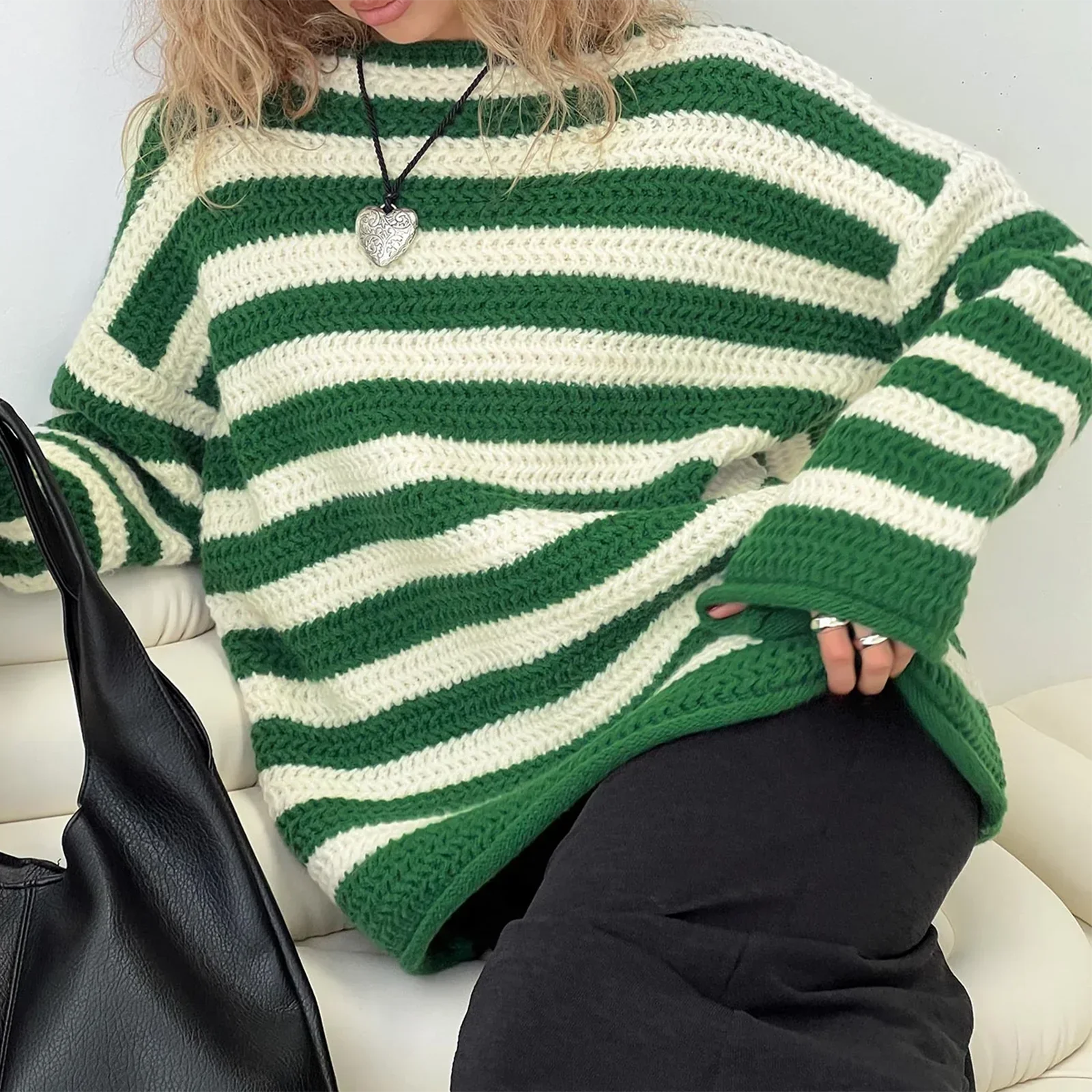 

Женский модный осенне-зимний вязаный свитер с длинным рукавом и круглым вырезом в полоску повседневный теплый вязаный свитер