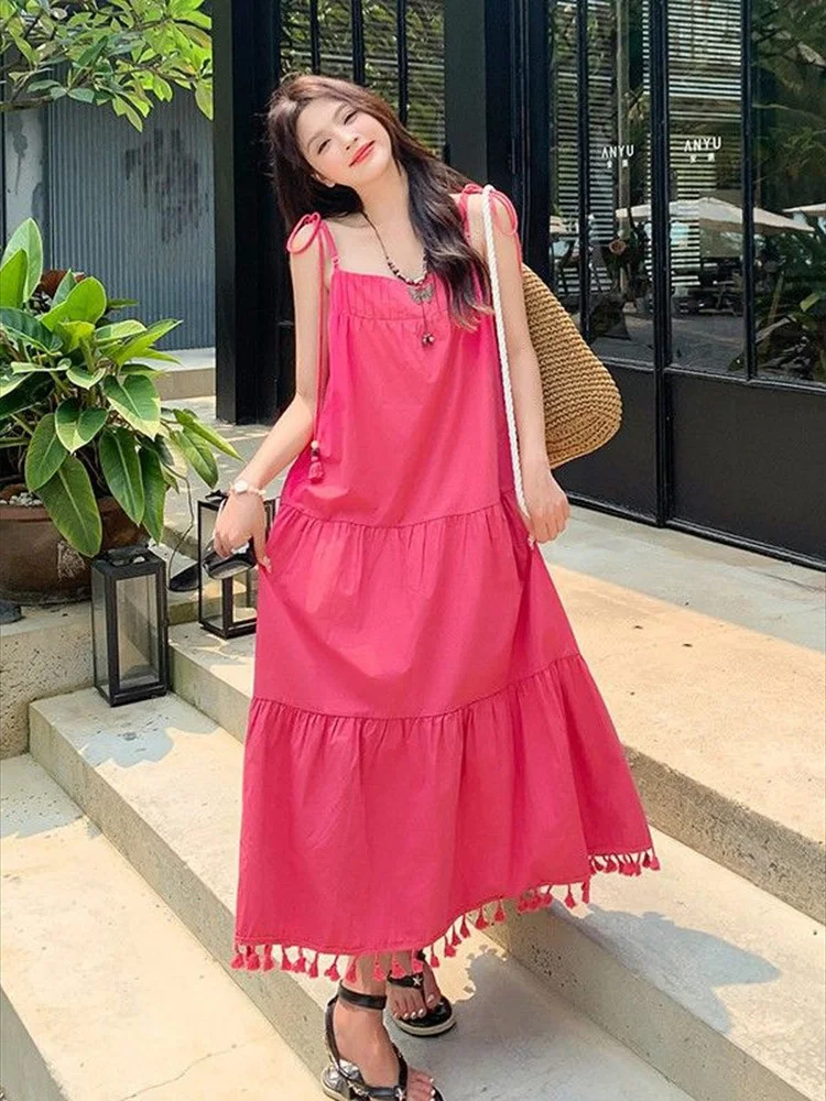 

Summer Sweet Women Cute Backless Sexy Elegant Dress Female Casual Rose Pink Suspenders Strap Dresses