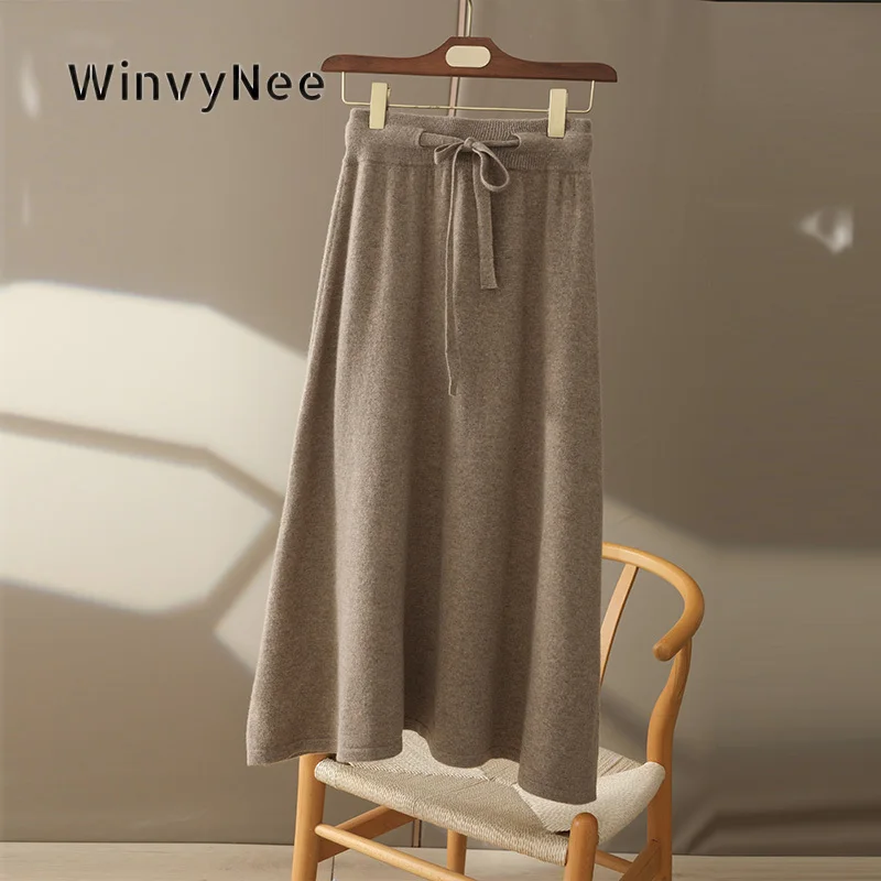 WinvyNee Womens A‑Line Knit Midi Skirts Warm 100% Wool Drawstring Waist Draped Soft Chic Autumn Winter Bottom Apparel E1853021