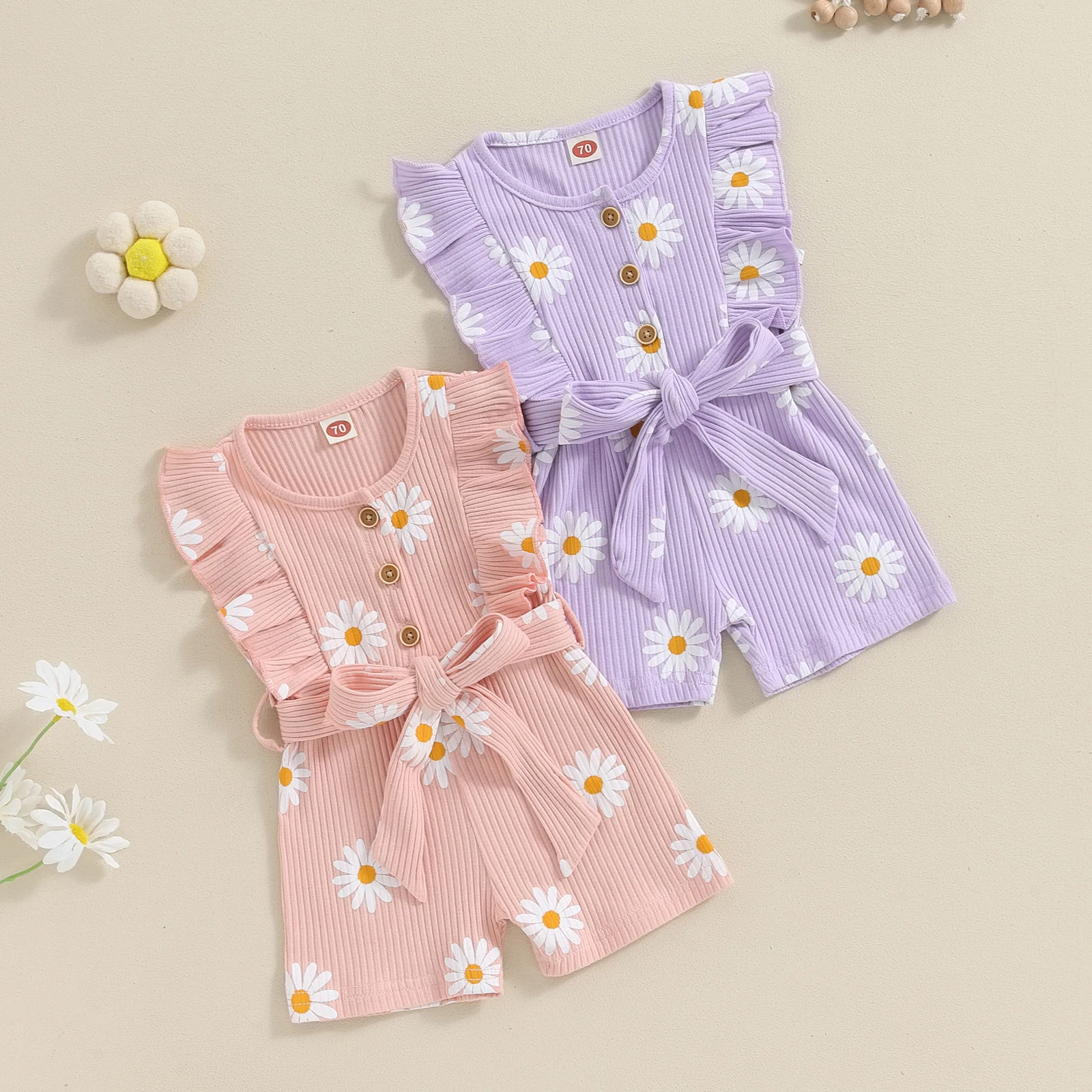 

Baby Girls Cute Rompers Daisy Print Round Neck Buttons Ruffles Sleeve Playsuits Summer kids Jumpsuits Clothes with Belt Outfits