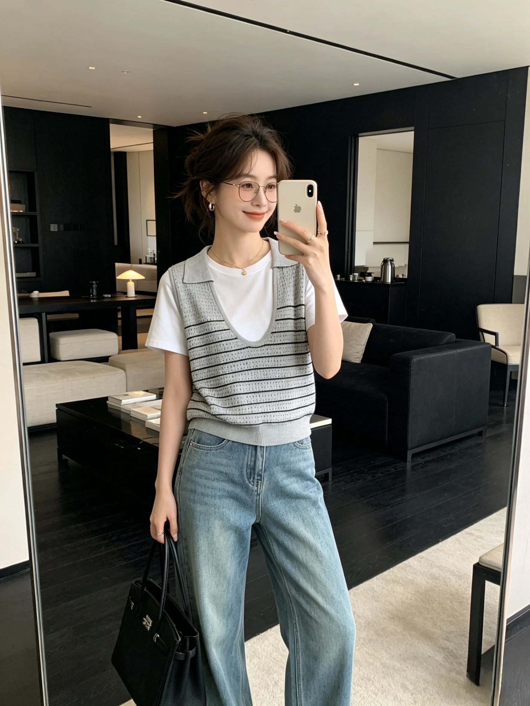 

Korean Style Layered Stripe Knitted Vest And T-Shirt Set Casual round Neck Short Sleeve Simple Anti-Aging Top Summer Outfit