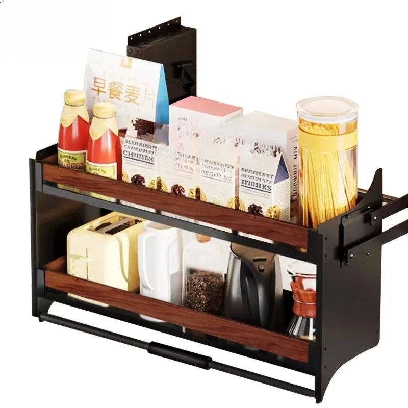 Hot Selling Walnut Double Layer Storage Rack with Pull Down Kitchen Basket Space Saving Side Shelf