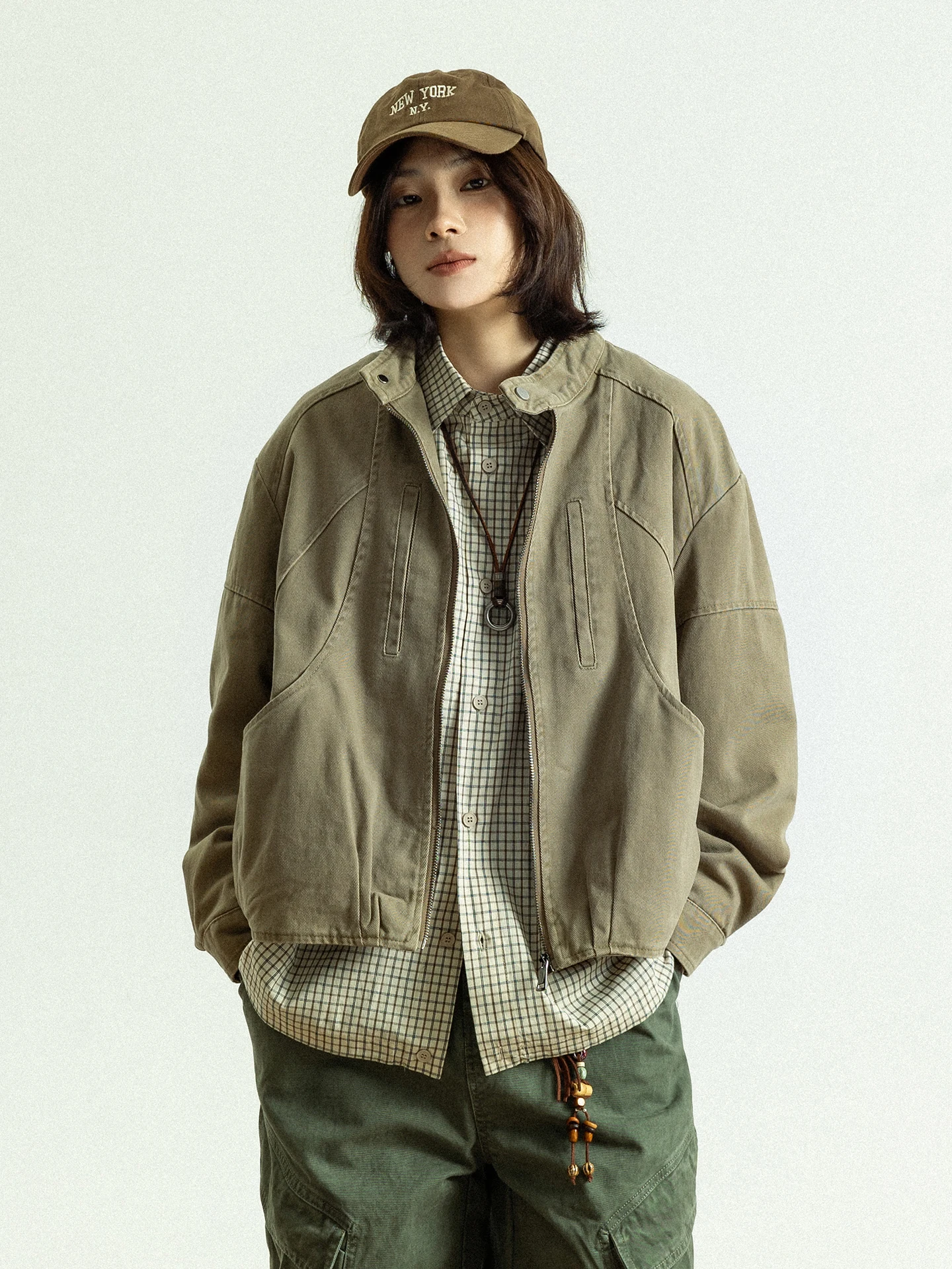 

GoodNorth Retro Workwear Jacket Unisex Stand Collar 3D Tailoring Pocket Zipper Short Coat Polyester Cotton Spring Regular Sleeve