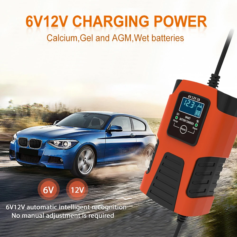 Podofo Car Battery Charger 6V 2A / 12V 2A 3-Stage LCD Display Full Automatic Car Motorcycle Battery Charger Pulse Repair Charger