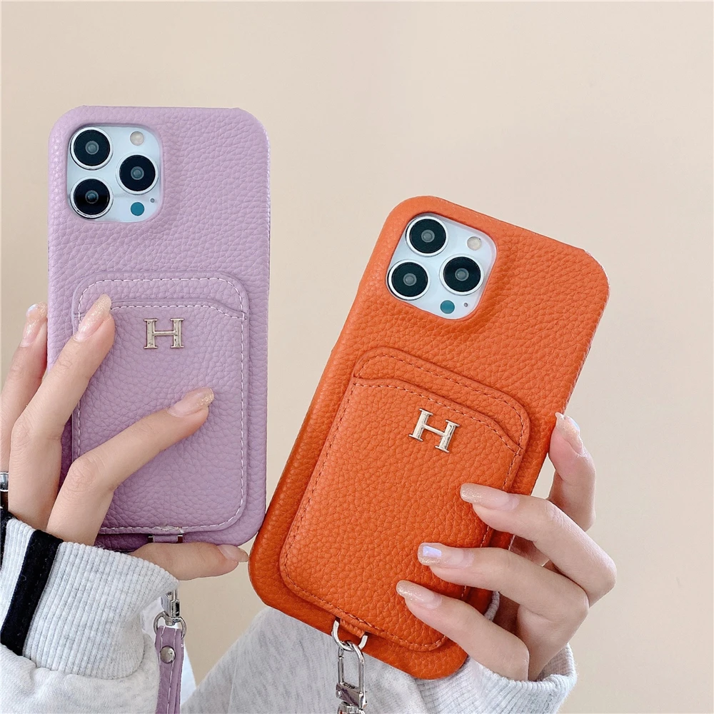 Litchi Pattern Wallet Hand Rope Case for iPhone 16 Pro Max 13 12 11 14 15 Pro Max 15 Plus Lady Leather Card Pocket Lanyard Cover