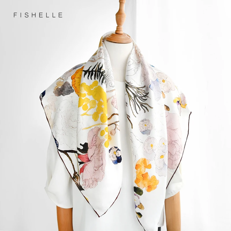 White real silk twill scarf printed flowers head scarfs women soft natural silk square bandana shawl luxury gift for lady