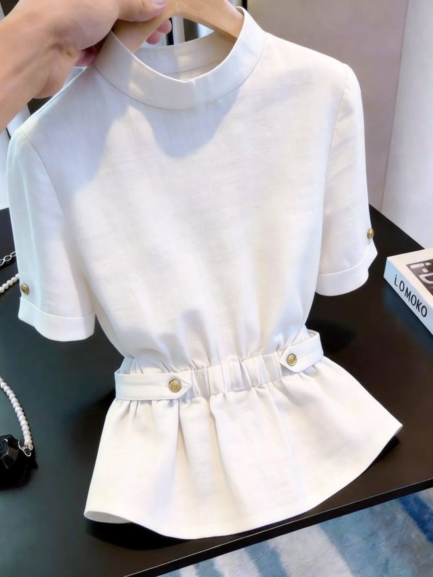 

Slimming Design European Style Shirt Women's Pure Color Versatile Short Sleeve Summer Top Waist-Cinching Korean Version