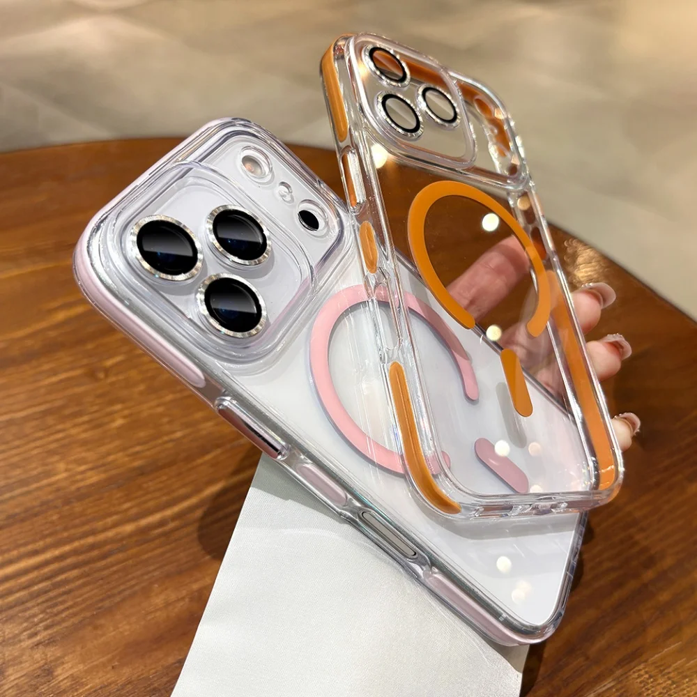滑り止めバンパー付き透明Magsafeケース iPhone 16 14 15 Plus用 磁気充電カバー iPhone 14 15 16 13 Pro Max Air用
