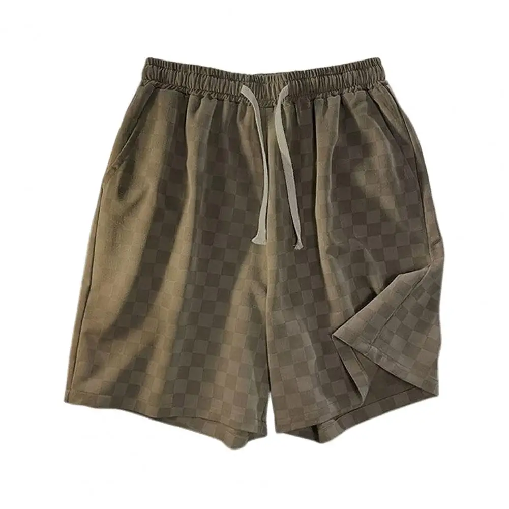 Men Shorts Chessboard Pattern Shorts with Side Pockets Elastic Waist Drawstring Wide Leg Loose Fit Shorts