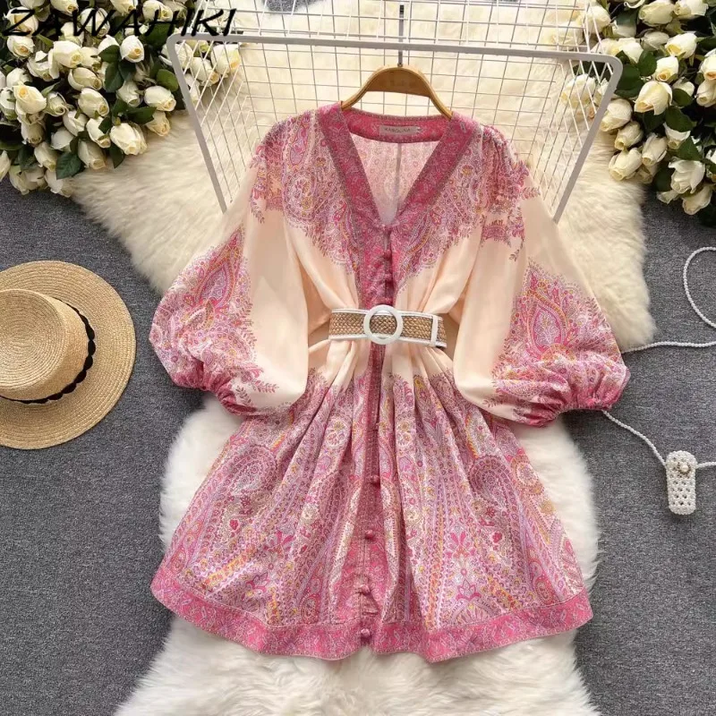 

Vestidos Female Clothes Short Dress Women Vintage Office Lady Print Slim Lantern Sleeve Pleated Bandage Embroidery Ropa Mujer