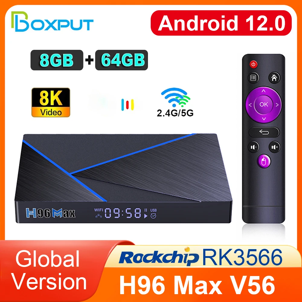 

ТВ-приставка BOXPUT H96 Max V56 на Android RK3566, ТВ-приставка на Android 12, 8K, HDR, Bluetooth, мини-приставка, медиаплеер 8 ГБ, 64 ГБ