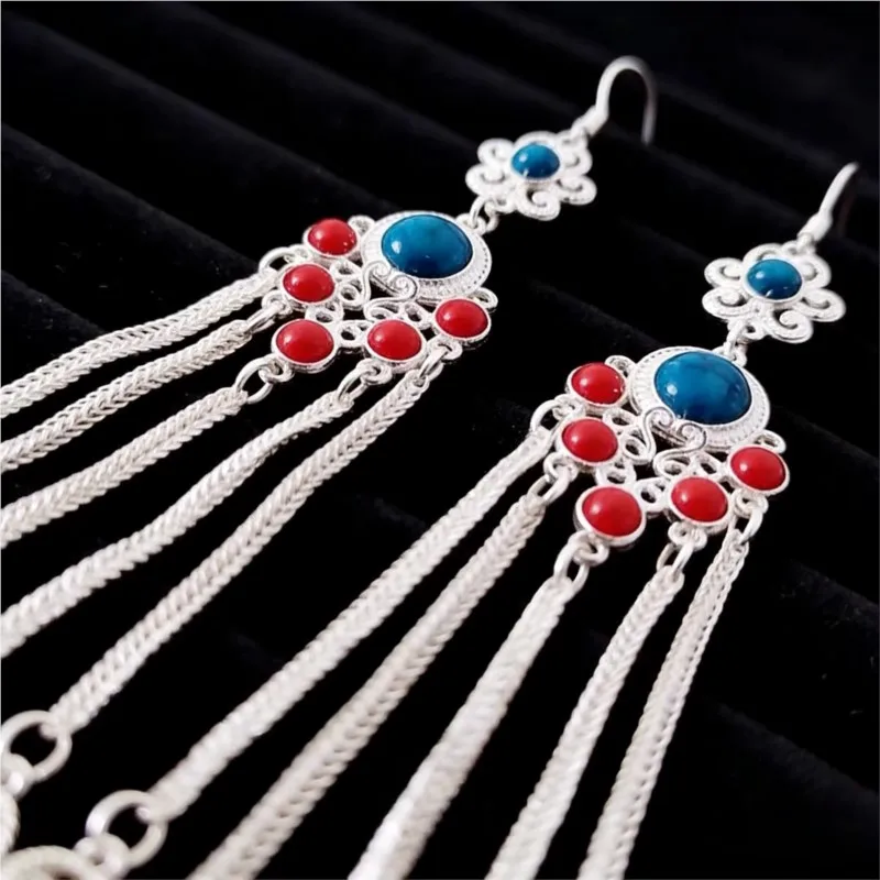 ﻿Mongolian Ethnic Tassel Earrings Metal Ear Jewelry Ethnic Fashion Dance Performance Accessories Ornaments