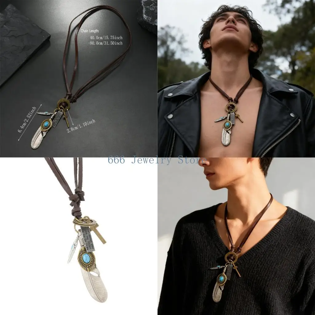 F2TD Handcrafted Metal Pendant Necklace Adjustable Cowhides Chain Dateless Collarbone Chain Accessory