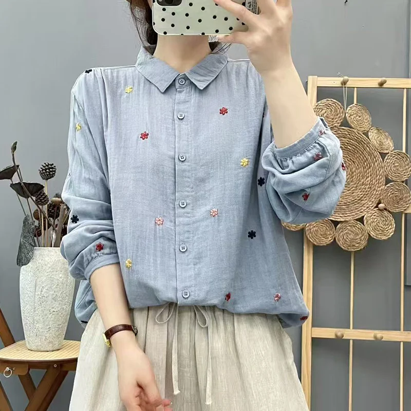 

Милая вышитая двухслойная хлопковая рубашка с длинными рукавами, женская одежда, весенне-осенние утягивающие женские рубашки и блузки U124