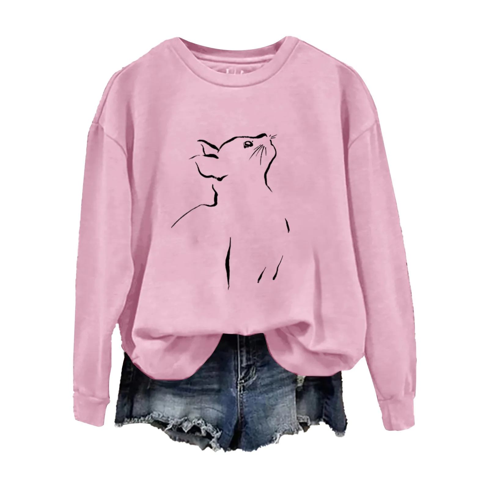 Sweatshirt Womens Causal Simple Strokes Of Cat Printing Hoodie Drop Sleeve Loose Baggy Stretch Warm Pullover Ladies Tops Clothes