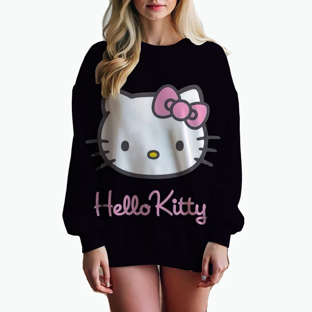 Women\'s Hello Kitty Printed Sweatshirt, High Street Women\'s Hoodie, Y2K Pattern Clothing, Casual Round Neck Sweater