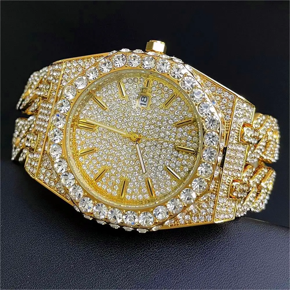 2024 Fashion Iced Out Watches Men Luxury Stainless Steel Golden Quartz Wristwatch Hip Hop Diamond Jewelry Watch Man Reloj Hombre