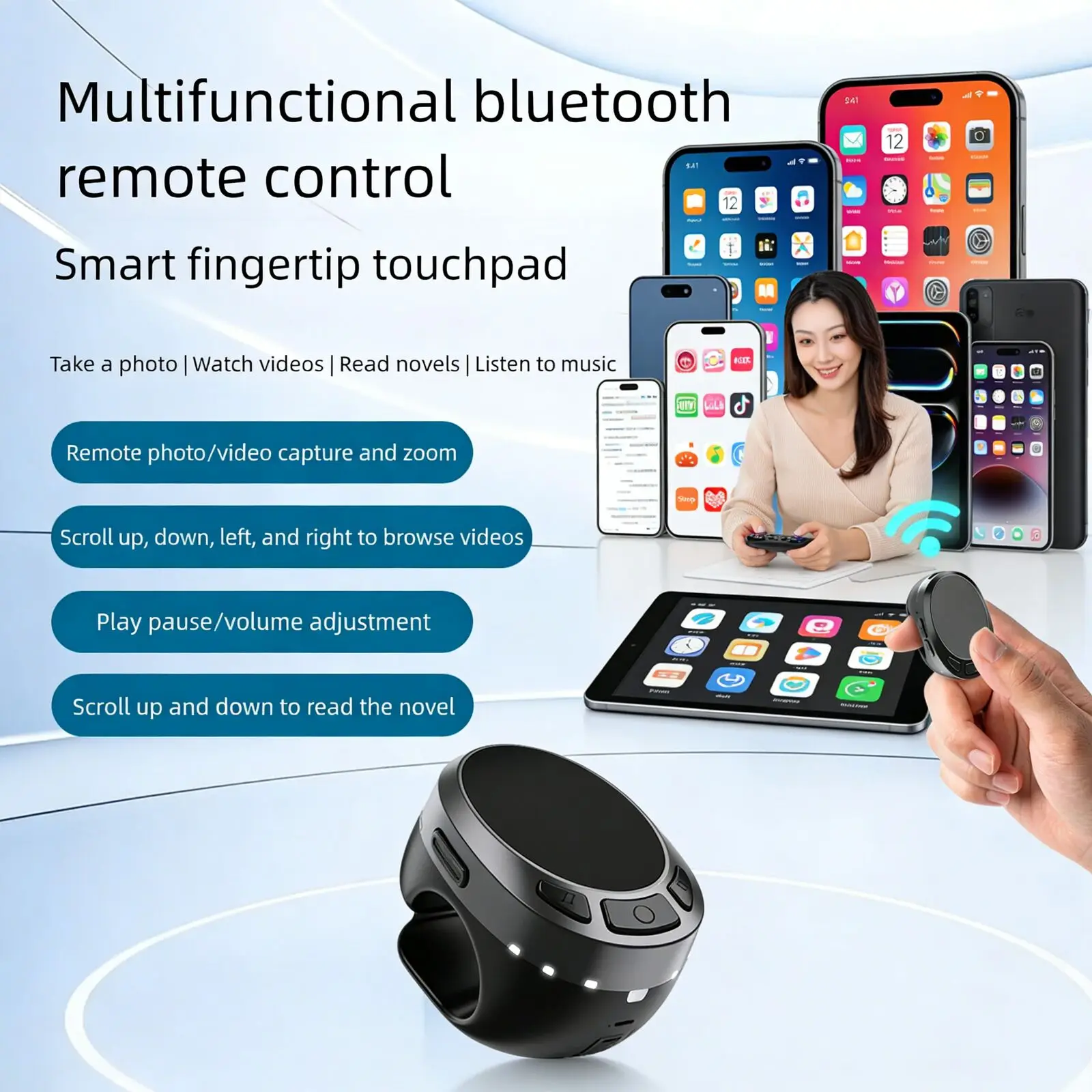 

Bluetooth 5.3 Smart Touch Control Air Mouse Ring 4 Buttons Operation Remote Selfies Scrolling Through Videos Browsering Mini