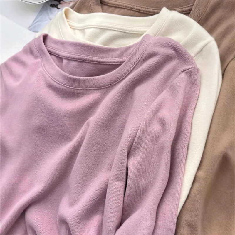 Double Sided Fleece Soft Round Neck Base Layer Top Women Autumn Winter Warm Velvet Solid Color Long Sleeve T Shirt