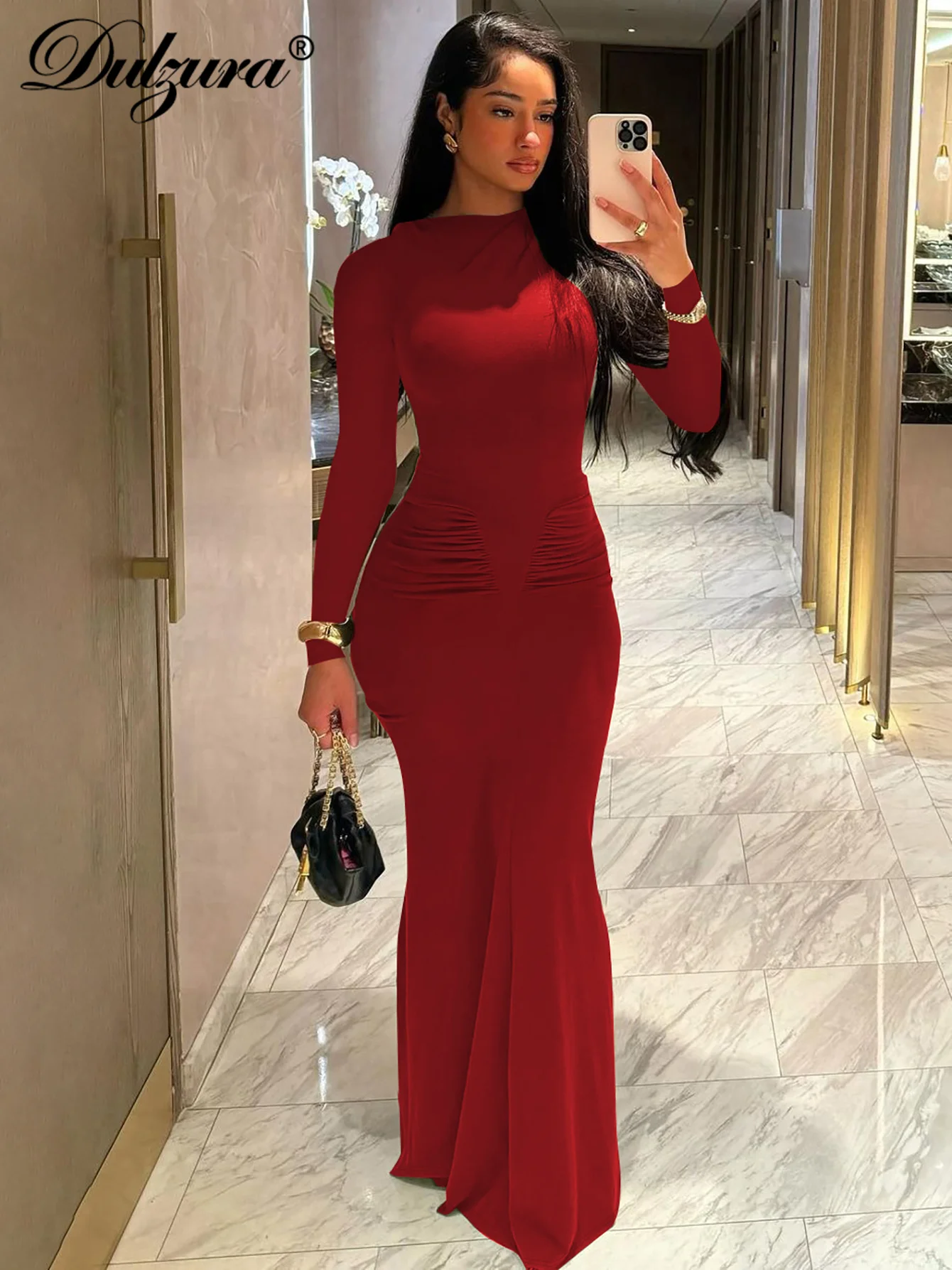 Dulzura Elegant Solid Long Sleeve Maxi Dress Bodycon Ruched Simple Women Clothes Cocktail Evening Party Dresses Y2K Wholesale