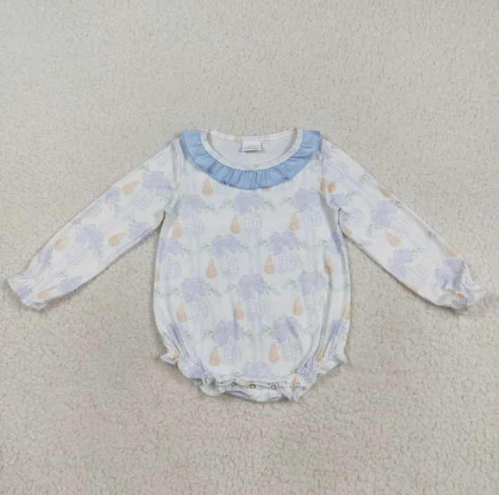 

Infant Girls Pumpkin Blue Bows Print Girls Fall Clothes Sisters Matching Wear Newborn Girl Long SLeeve Romper