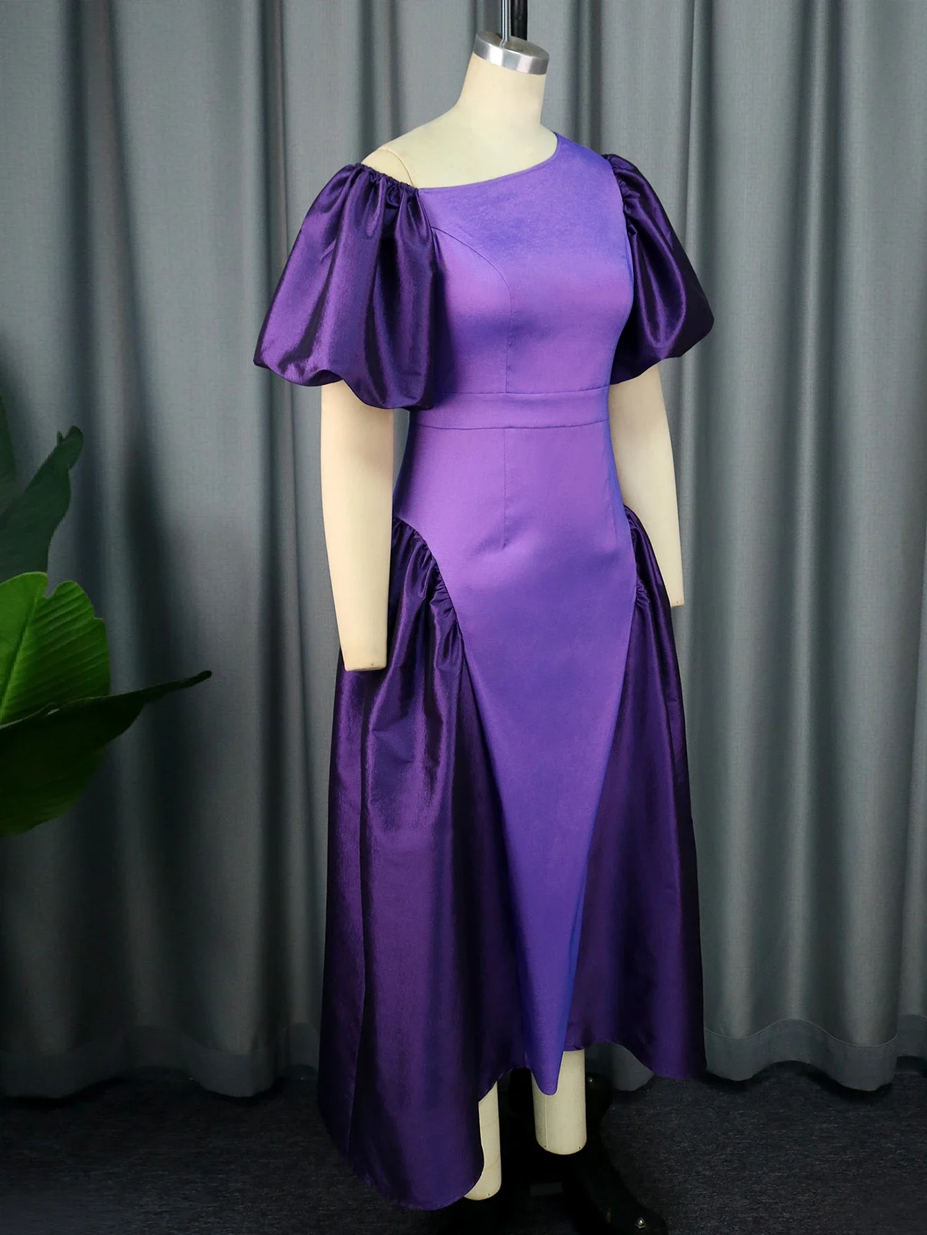 Plus Size Puffy Dress for Women Formal Shiny Purple 2 Tone One Shoulder Puff Sleeve Summer Party Club Evening Outfits Ball Gowns