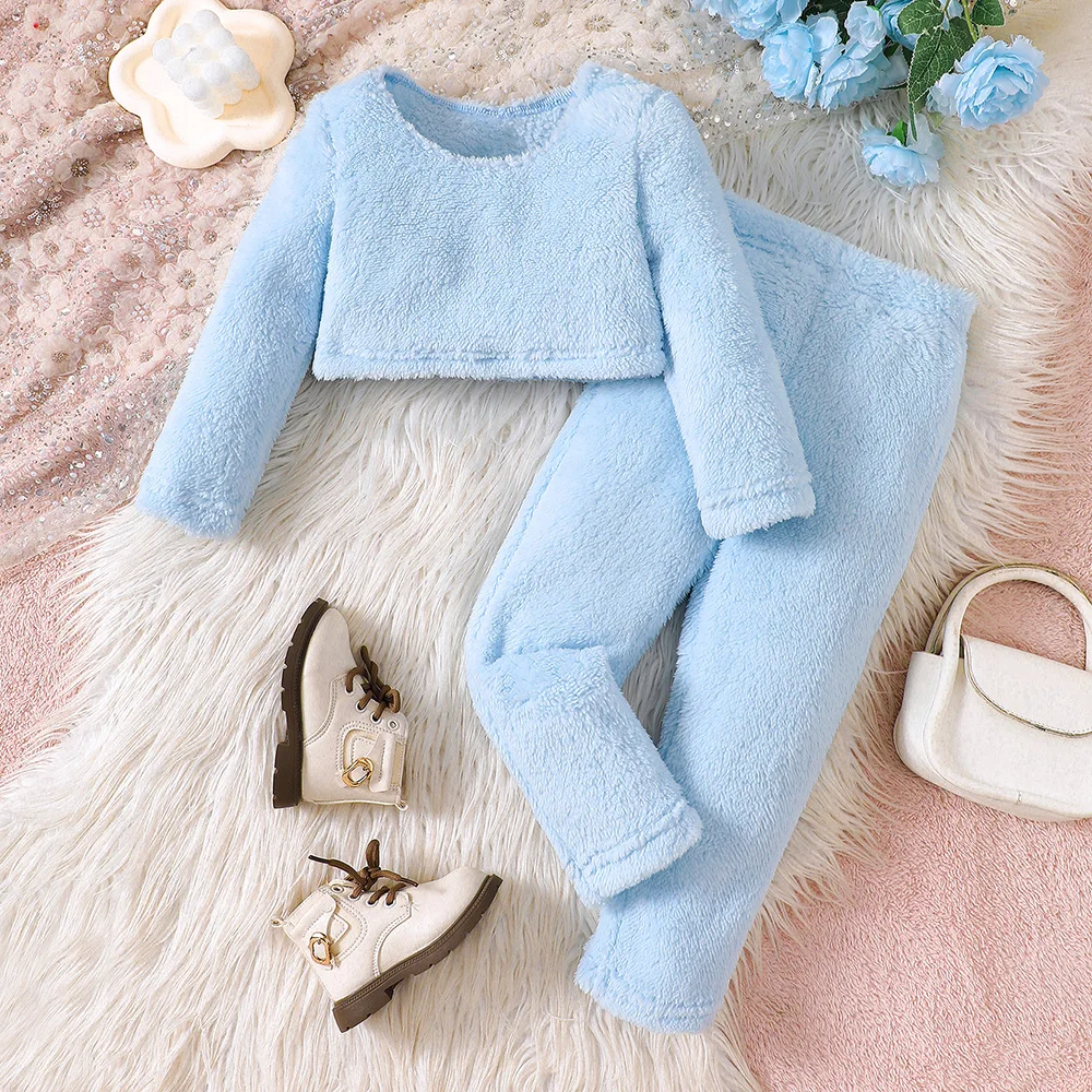 

2024 New Winter Clothing Set Girls Long Sleeve Velvet Coat Blue Trousers 2 Pcs Sets Casual Girls Clothes Set 4-7T