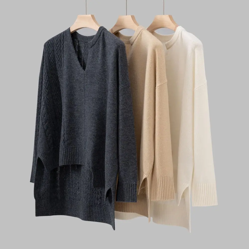 Autumn and Winter New Cashmere V-neck Knitwear Loose Casual Medium-length Sweater Women