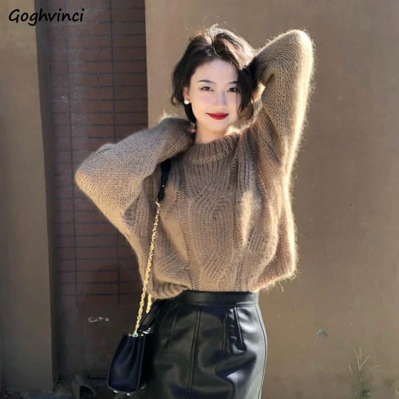 Pullovers Women Vintage Solid Fluffy Female O-neck Long Sleeve Baggy Knitted Sweaters Leisure Tops Soft Warm Simple All-match