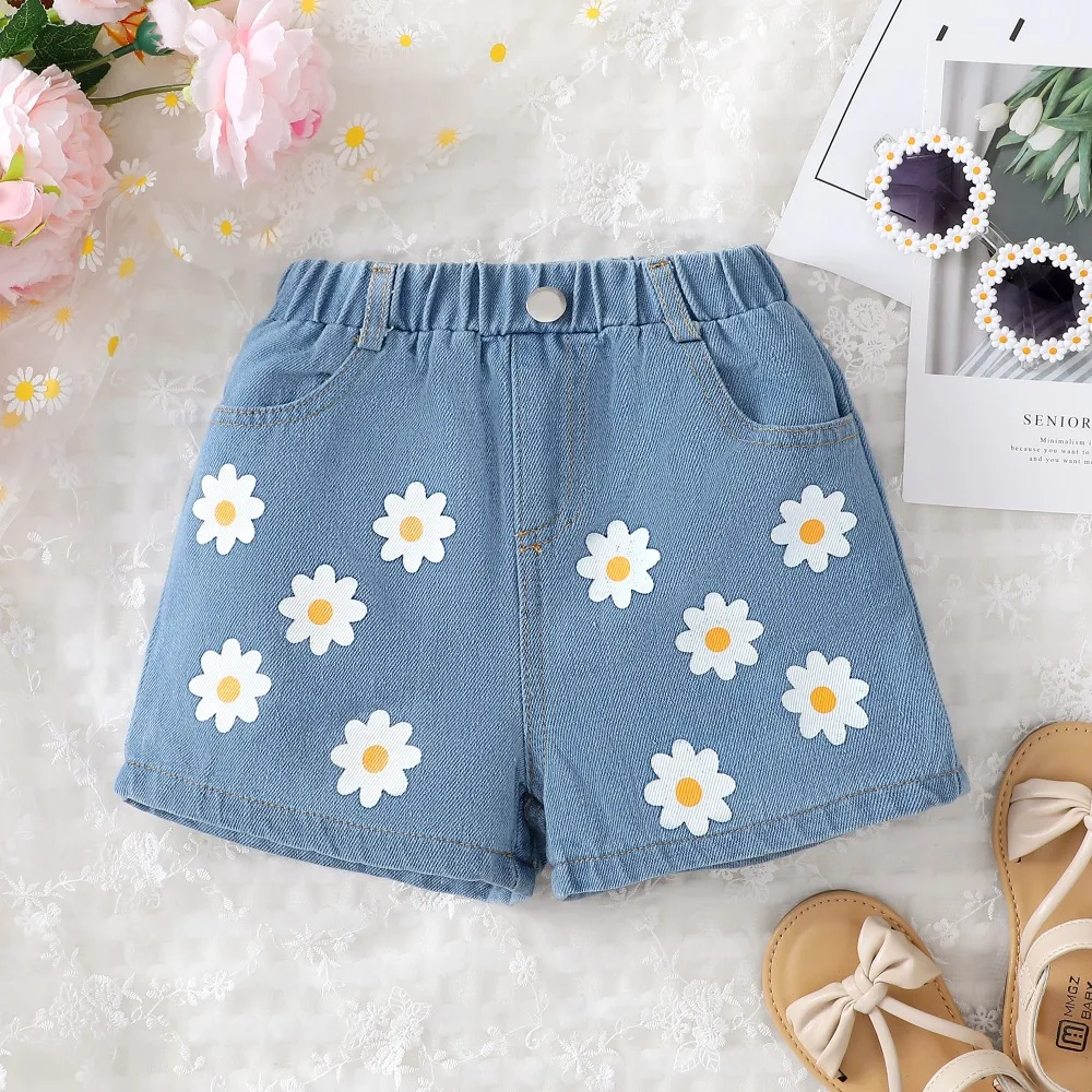 0-3 Years Toddler Girl Fashion Daisy Denim Shorts Elastic Waistband Shorts for Baby Girl Summer Fashion Clothing Wear Versatile