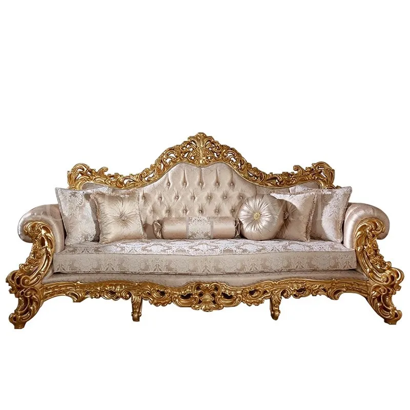 

Living room fabric sofa 123 combination French, solid wood carving flower gold foil fabric sofa
