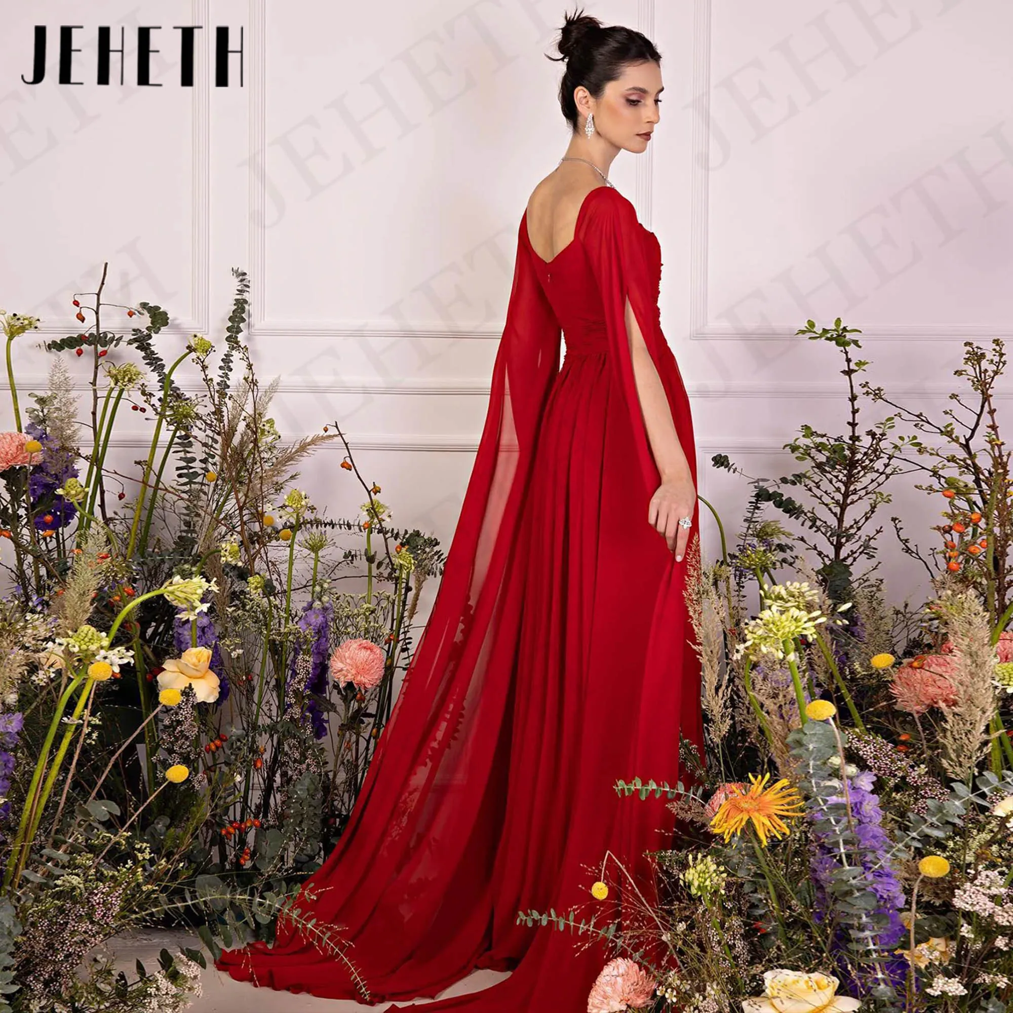 JEHETH Burgundy Dubai Chiffon Evening Dress With Cape Sleeves A Line Arabic Banquet Party Dresses vestido de formatura Boat Neck