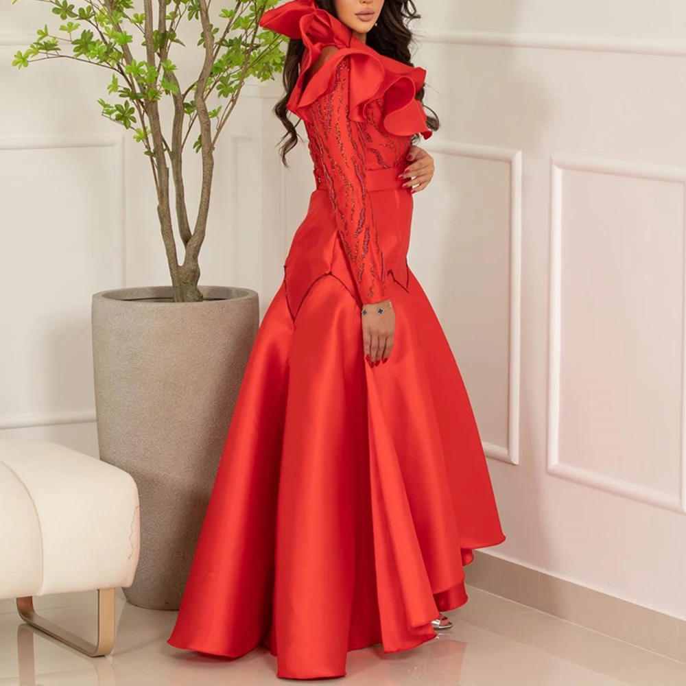 Exquisite Pleats Belt Sequined One Shoulder Evening Dresses Graceful A-Line Long Sleeves Party Gowns فساتين سهره نسائيه فخمة