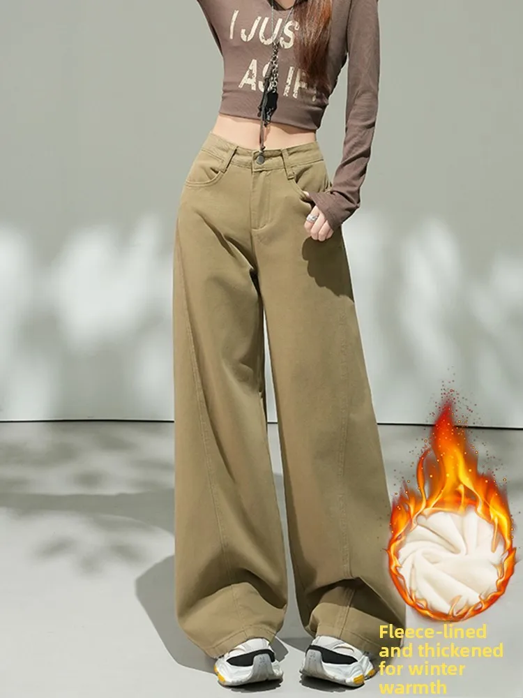 

Модные женские джинсы с прямым кроем и флисовой подкладкой, осенне-зимние, с высокой талией, утягивающие, широкие брюки, повседневные, с высокой талией