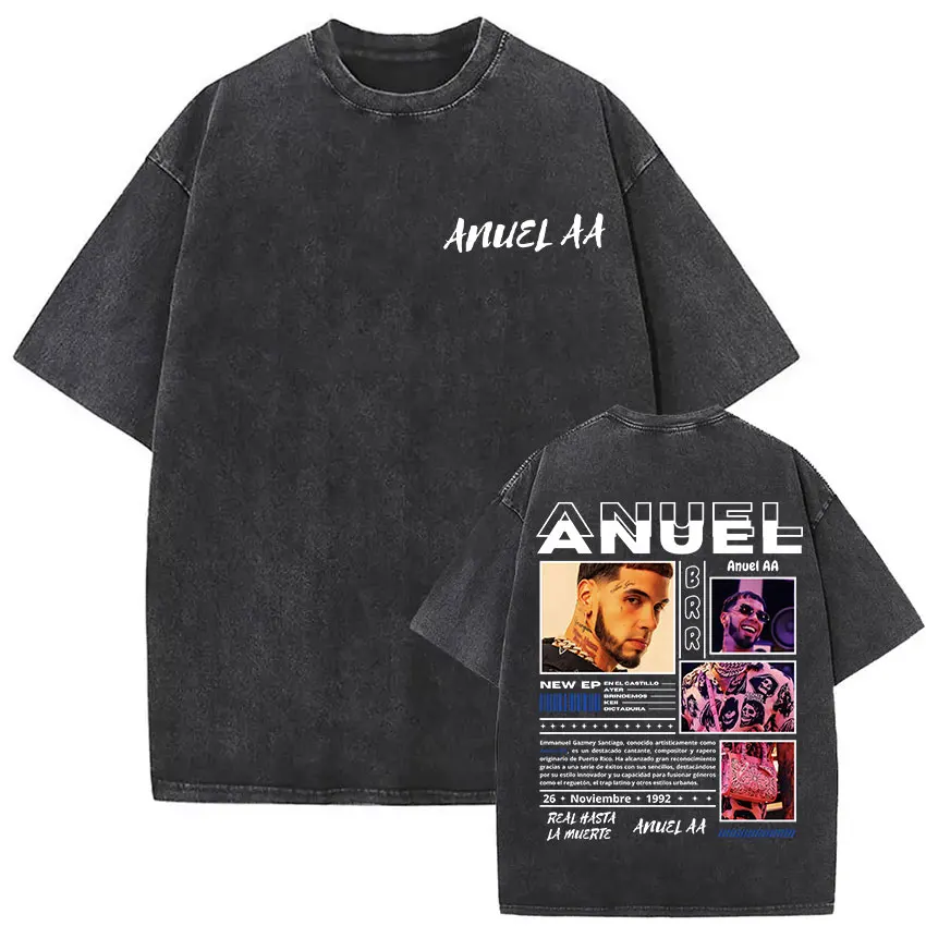 مغني الراب ANUEL AA خمر غسلها تي شيرت حقيقي هاستالا Muerte ألبوم تي شيرتات قصيرة الاكمام الرجال الهيب هوب المتضخم بلايز الشارع الشهير