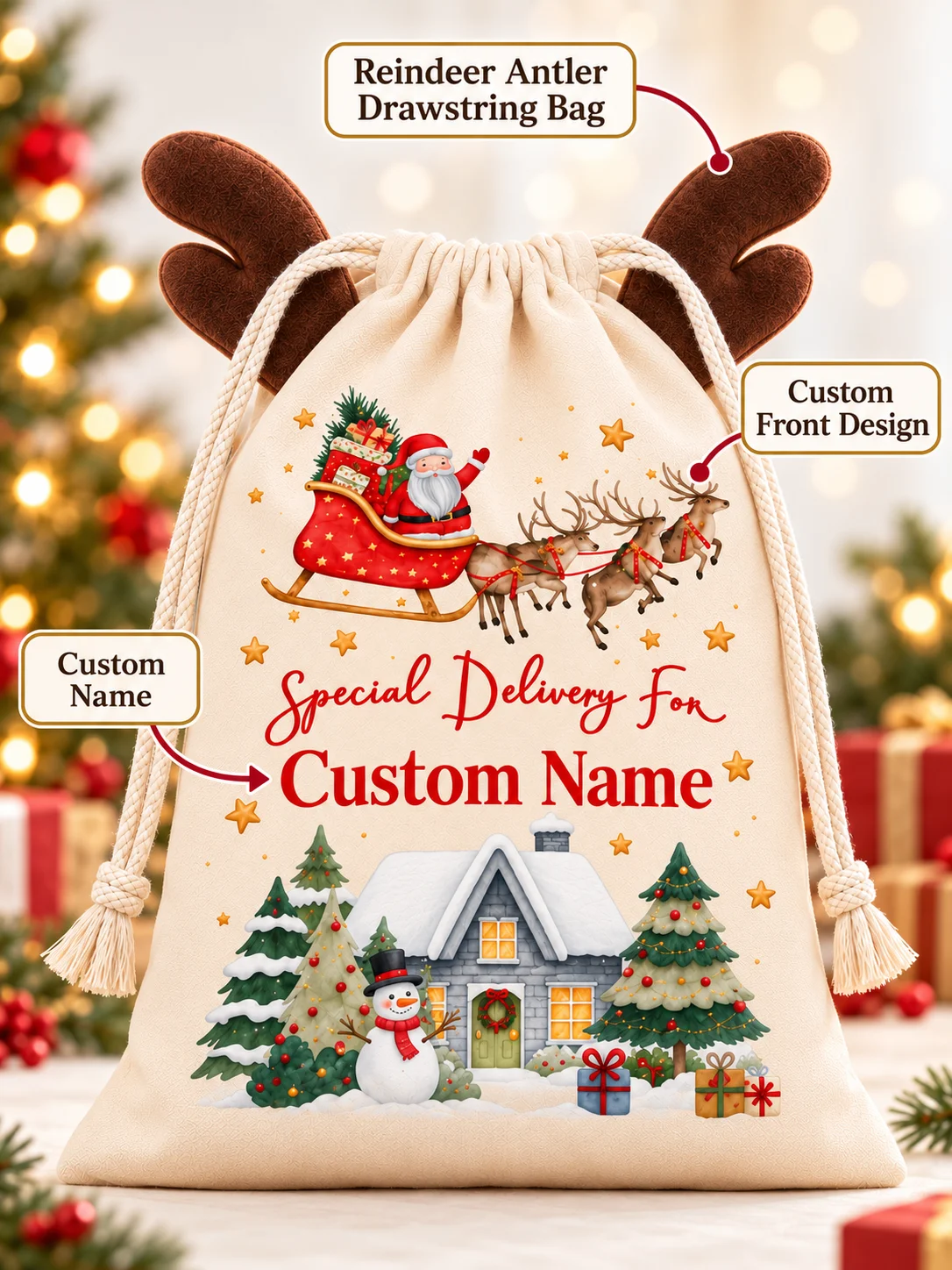 Personalized Reindeer Antler Gift Bag, Custom Name Christmas Drawstring Sack for Winter Presents, Party Favors and Festive Decor