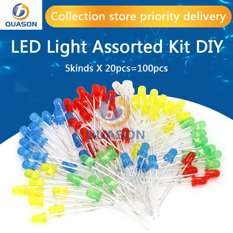 100pcs 3mm LED Light Assorted Kit DIY LEDs Set White Yellow Red Green Blue 5kinds X 20pcs=100pcs