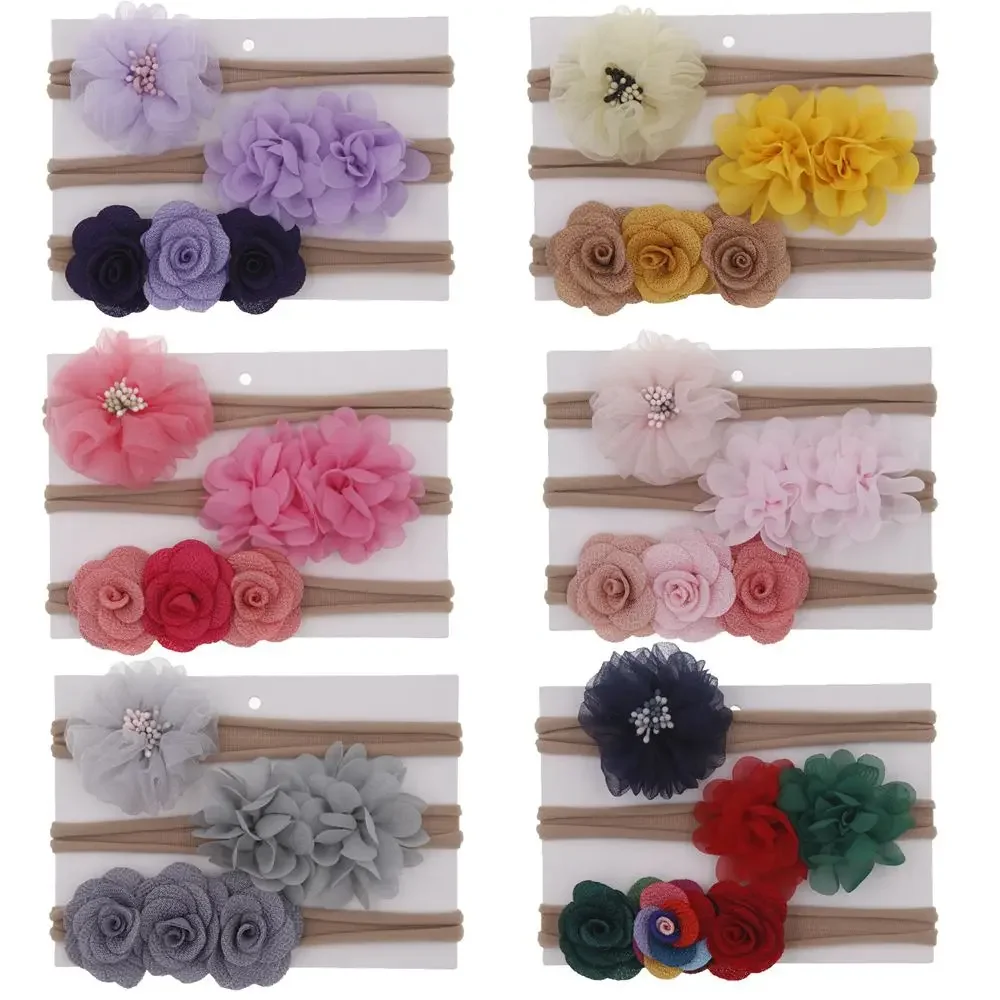 New 3pcs/lot Chiffon Flower Baby Girls Headband Set Cute Rose Flower Kids Newborn Nylon Hair Bands Headwear Photography Props