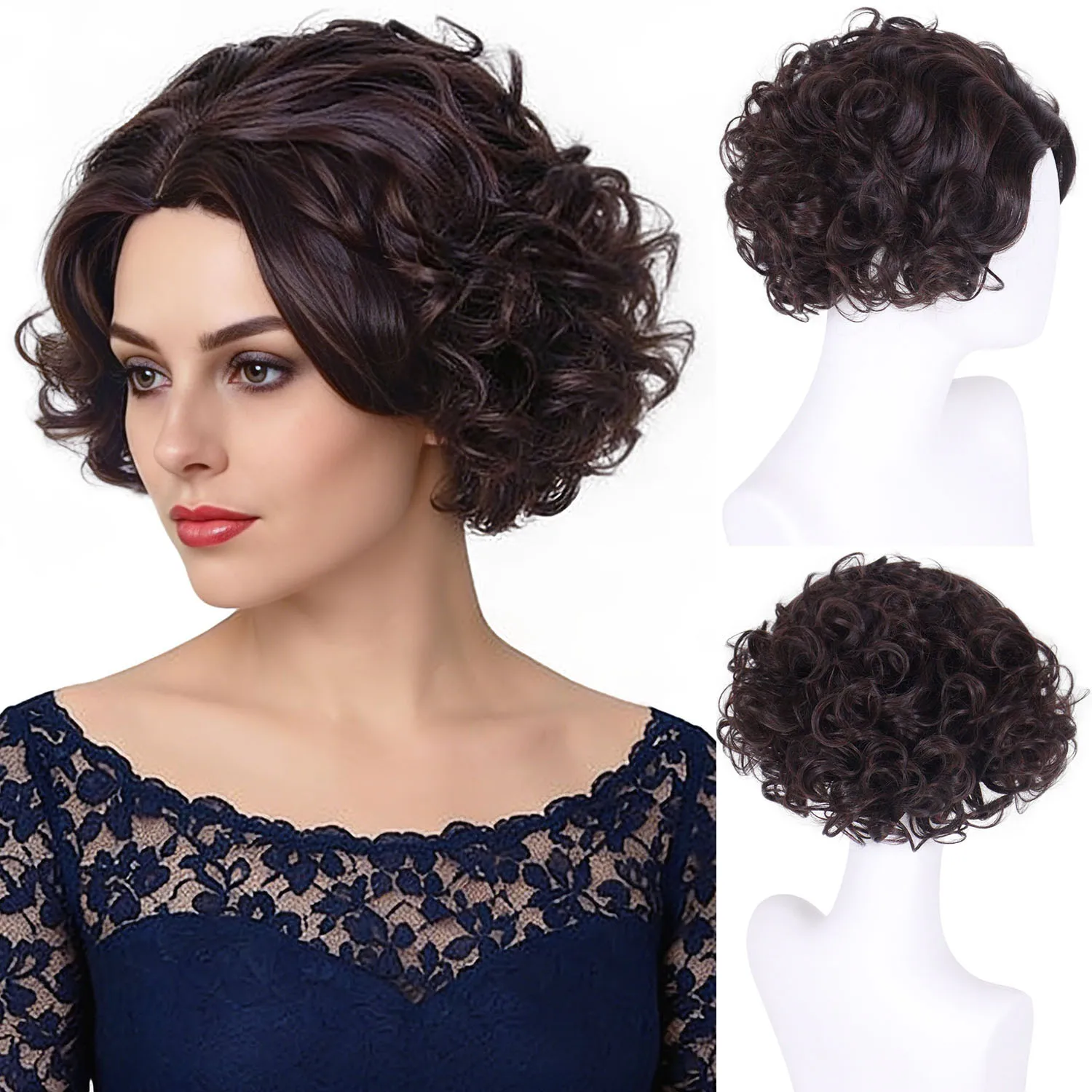 

Synthetic Dark Brown Wig for Women Retro Style Short Curly Hair Replacement Wigs with Bangs Daily Use Cosplay Party Mother Wig