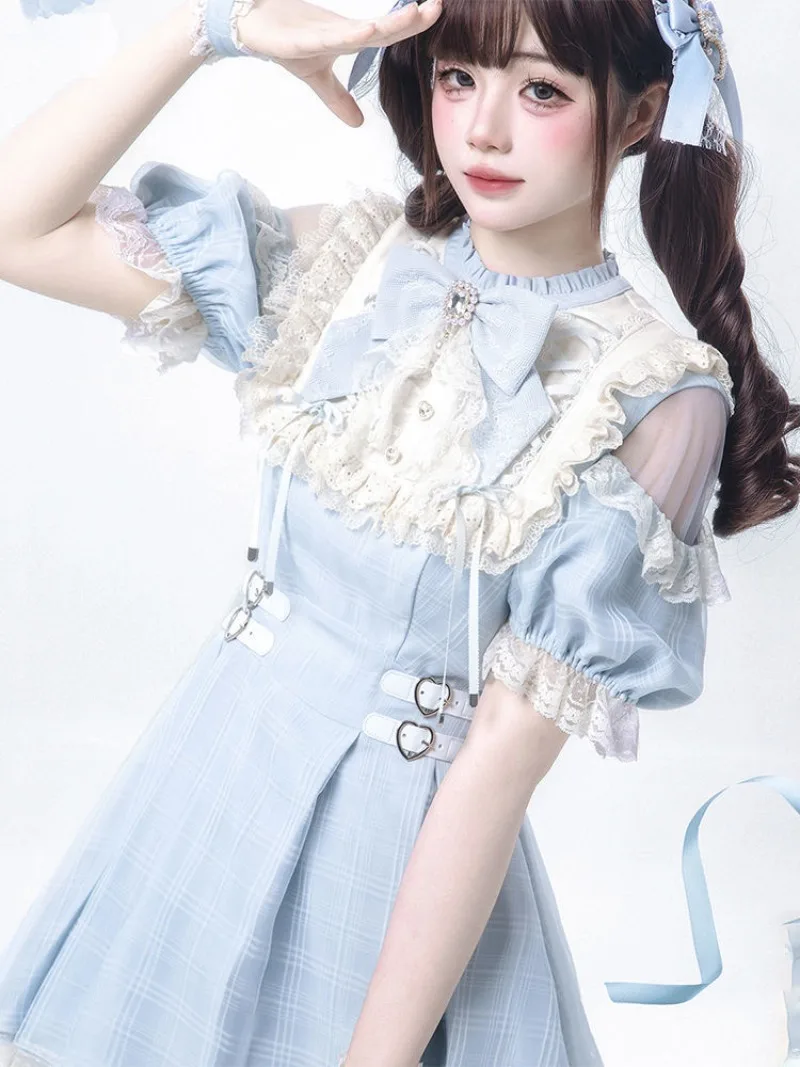 

Lolita Dress 2025 New Sky Blue Checkered Landmine Series Japanese Subculture Short Sleeved Dresses Set Summer Y2k Women Clothing