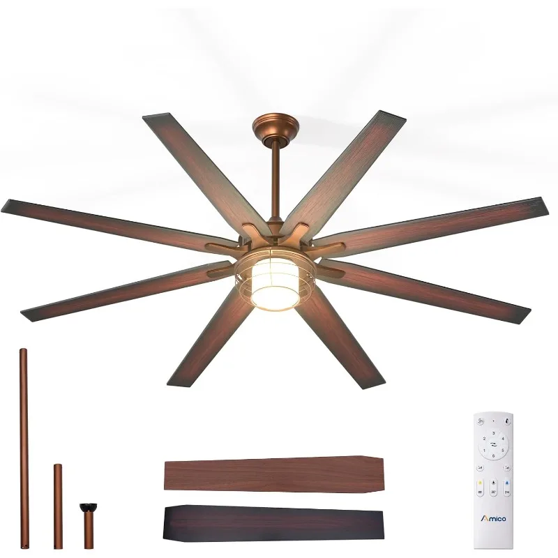 Ceiling Fans with Lights, 72'' Indoor/Outdoor Brown Ceiling Fan with Remote Control, Reversible DC Motor, 8 Blades, 3CCT