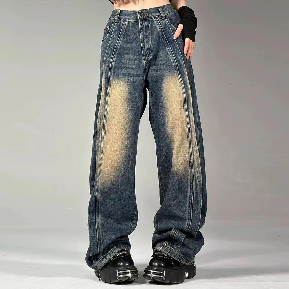 

Large-size Girls' Patchwork Loose Color-block American High-Street Washed Denim Pants - Vintage Straight Leg Wide Leg Jeans