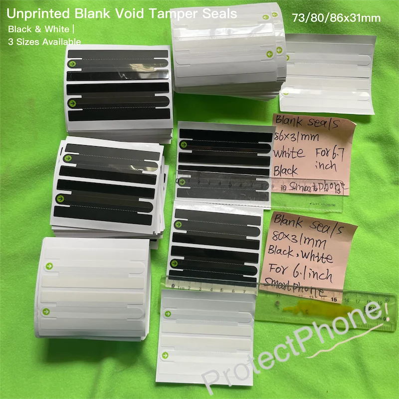 100Sets Wholesale Unprinted Blank Void Tamper Seals Black White Sizes 73/80/86x31mm Security Labels for Cell Phone Repair Reseal