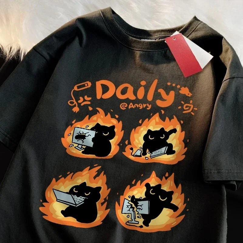 

Summer Daily Angery Black Cat Women T-Shirts Cartoons Prints Tee Shirts O-Neck Soft Comfortable Tops Woman Clothes Graphic Y2K