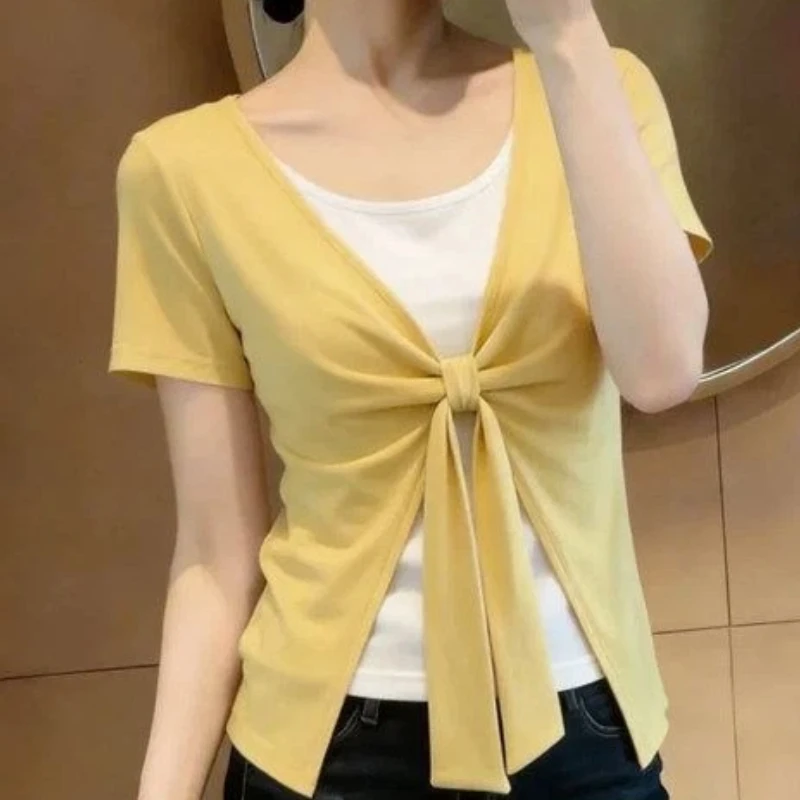 Two-piece Bandage Contrast Patchwork Elegant Tops Women Clothing New Short Sleeve All-match Office T Shirts Fashion Korean