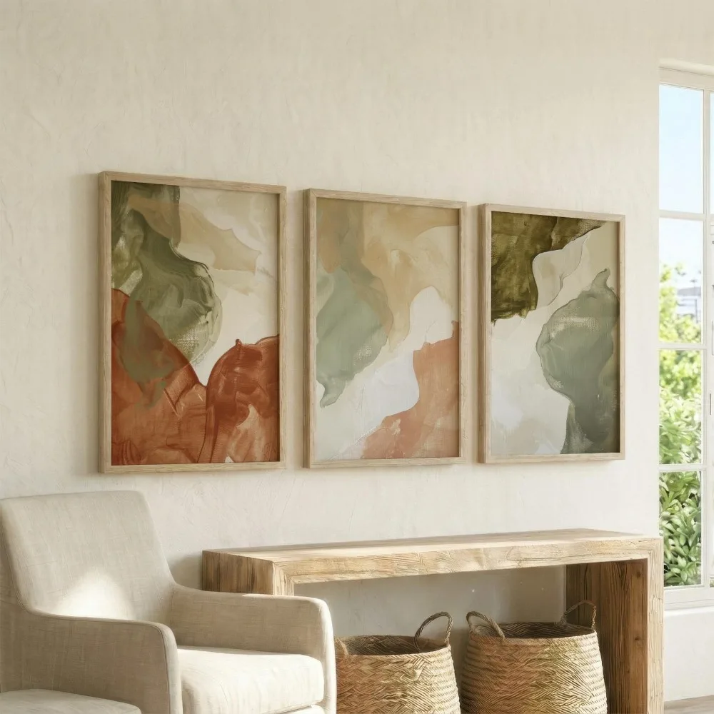 3-teiliges rahmenloses Poster-Set in Olivgrün, Salbeigrün und Terrakotta, moderne organische Wohnzimmer-Wandkunst, ruhige erdige Farbtöne, minimalistischer Kunstdruck
